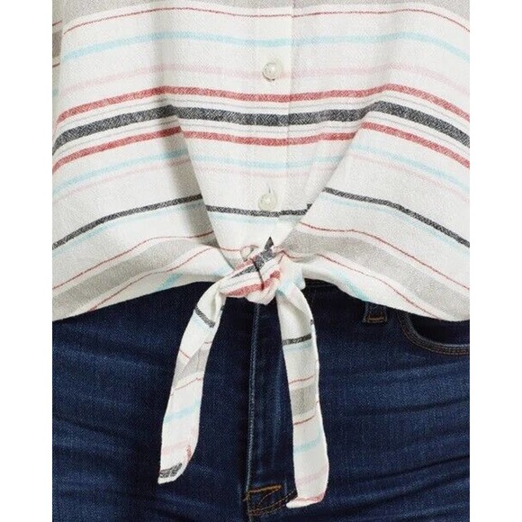 Weatherproof Vintage Size S Tie Front Top Multi Stripe Washable Linen Button Up - Picture 4 of 11